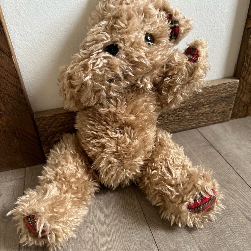 Vintage Shaggy Jointed Brown & Plaid Kiss Blowing Teddy Bear Plush THE CUTEST